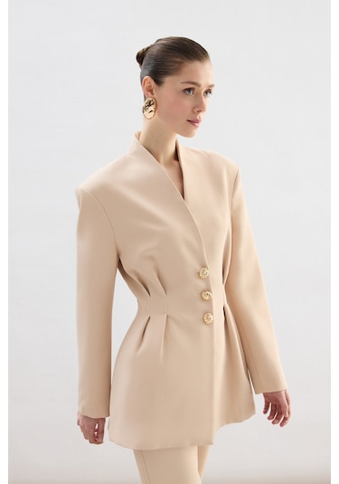 Sateen Gold Düğmeli Uzun Ceket - Bej-136771 Bej