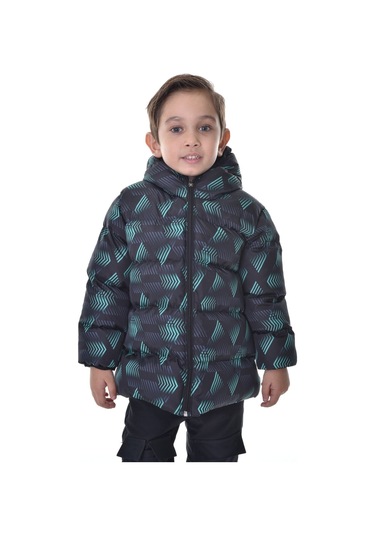 Erkek Çocuk Siyah Yeşil Dijital Desen İçi Polar Su Ve Rüzgar Geçirmez Kapüşonlu Şişme Kışlık Mont Siyah - Yeşil