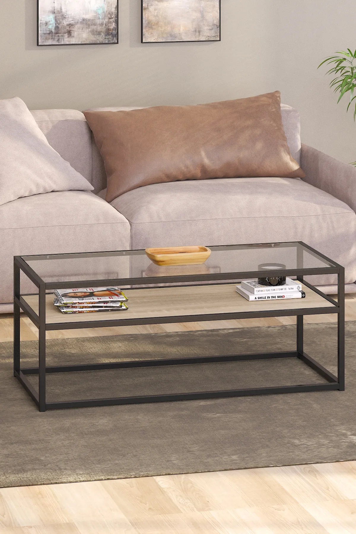 Modern Metal Iskeletli Temper Camlı 2 Katlı Dikdörtgen Orta Sehpa Endülüs-siyah-şeffaf