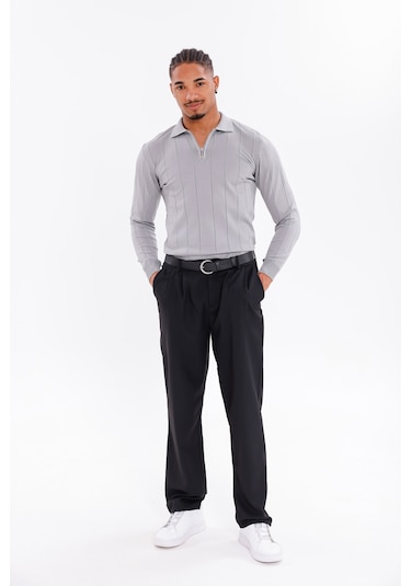 Monox Erkek Yarım Fermuarlı Polo Yaka Triko Kazak Gri