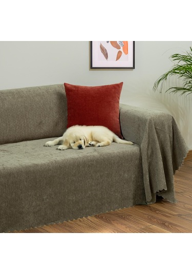 Jakarlı Şönil Koltuk Örtüsü Çekyat Örtüsü Koltuk Şalı 175x350 Kaymaz Kapuçino Kapuçino