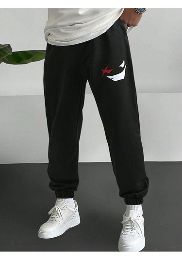 Sinsi Yüz Eşofman Altı Jogger - Siyah Baskılı Lastik Paça Yüksel Bel Siyah