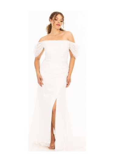 Kadın Straplez Yaka Balon Kol Dar Form Abiye Elbise - Ekru Ekru