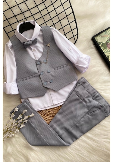 Matrix Yelekli Zincirli Erkek Çocuk Takım Elbise Gri