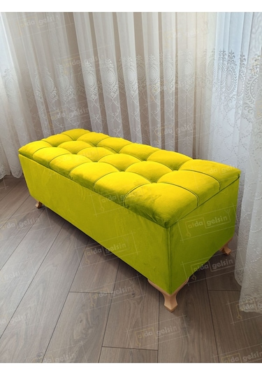 Lüks Çizgi Kapitoneli Sandıklı Puf Bench 120 Cm Gold Ayak Sarı