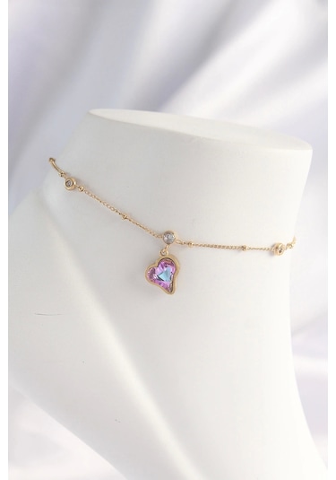 316l Çelik Gold Renk Renkli Zirkon Taşlı Kalp Halhal Çok Renkli