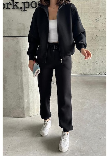 Dip Moda Kadın Fermuarlı Alt Üst Eşofman Takımı Dpnbg028 Siyah
