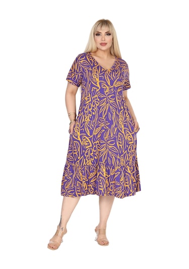 Melsay Butik Göğüsten Robalı V Yaka Kısa Kollu Mor Yaprak Desen Cepli Elbise Mor