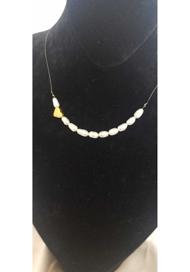 24k Altın Kaplama Hayalet İp Gerçek İnci Kalp Detaylı Kolye Beyaz Çok Renkli