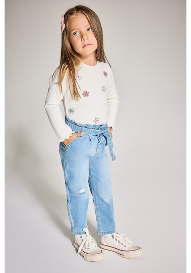 Defacto Paperbag Düz Paça Jean Pantolon Kız Bebek D1532A524AU Mavi