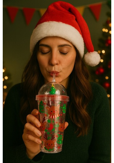 Desenli Süslemeli Renkli Pipetli Kupa Bardak Sevimli Geyikli Kar Tanesi Noel Ağacı Suluk 450ml 2768c Çok Renkli