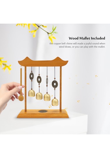 Ranyeek Ev Dekorasyonu Mutfak Züccaciye: Bakır Ve Ahşap Dört Zilli Zil, 220x200x50mm, 100g