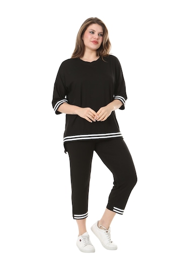 Melsay Butik Siyah Bisiklet Yaka Şerit Detaylı Kısa Kollu Beli Lastikli Kapri Takım Siyah