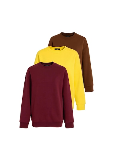 Sarı/kahverengi/bordo Bisiklet Yaka Basic 3'lü Paket Sweatshirt Mg2595 Çok Renkli
