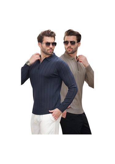 Lacivert/açık Kahverengi Polo Yaka Fermuarlı 2'li Paket Örme Kazak E7456 Lacivert/açık Kahverengi