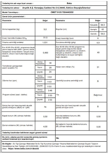 Beko CMXT 9120 9 KG 1200 Devir Çamaşır Makinesi