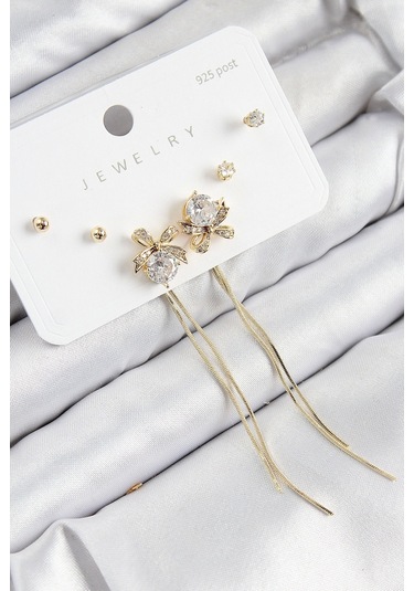 Pirinç Zirkon Taşlı Sallantılı Fiyonk Model Gold Renk 925 Ayar Gümüş Çivi Kadın Küpe Set - Tj-bkp111 çok renkli