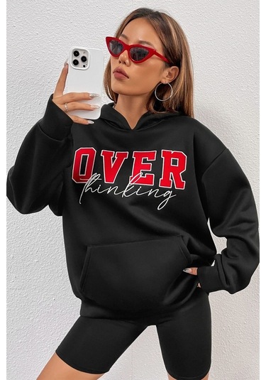 Over Thinking Baskılı Sweatshirt Siyah
