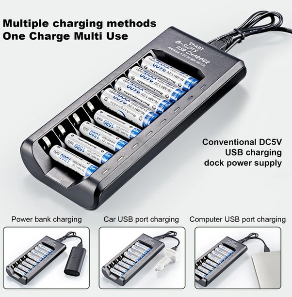 Tongxida Siyah 8 Lü Ni-mh Pil Şarj Cihazı, 1.2v Aa/aaa Pil Desteği, Tam Şarjda Otomatik Kapanır, Usb 5v 2a Hızlı Şarj