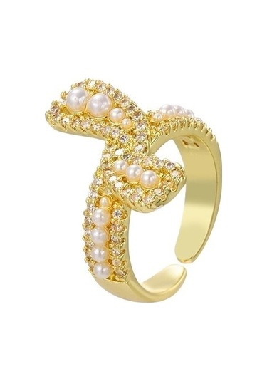 Soulader Kadın Moda Lüks Açık Yüzük Zarif Barok İnci Tasarım Yay Formu Zirkon Taşlı Bakır Kaplama Altın Renk Şık Takı Aksesuar Sarı