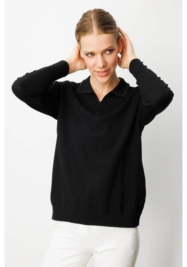 Desen Triko Kadın Polo Yaka Nakış İşlemeli Ligralı Bluz 25092 Siyah Siyah