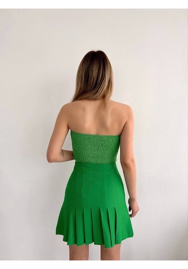 Pileli Düğmeli Etek Açık Yeşil S24811 Yeşil