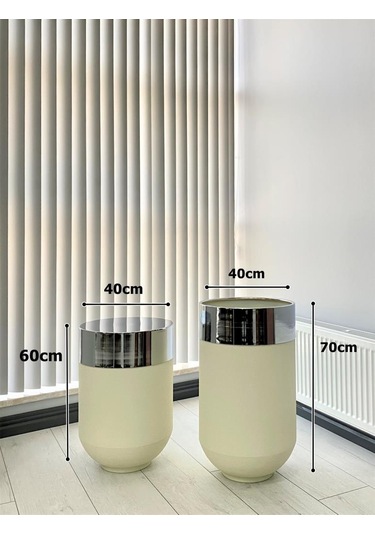 Dekoratif Krom Darbuka Beyaz Saksı 70cm + Sehpa 60cm İkili Set