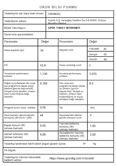 Grundig GPDF 11853 I 6 Programlı 16 Kişilik Bulaşık Makinesi