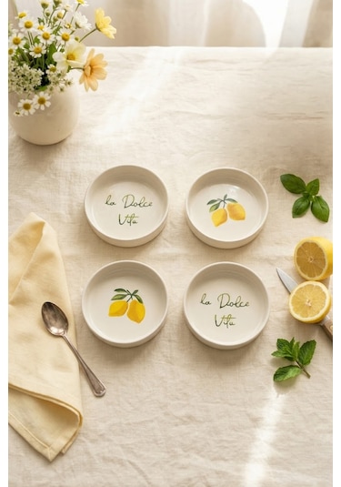 Vita Limon 4 Parça 10 Cm Seramik Kase Seti Çerezlik Sunumluk Kahvaltılık Beyaz