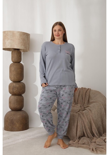 Lindros Kadın Pamuk'lu Düğme Yaka Raporlu İnterlok Kışlık Battal Pijama Takımı 0243 - 1 Adet Gri