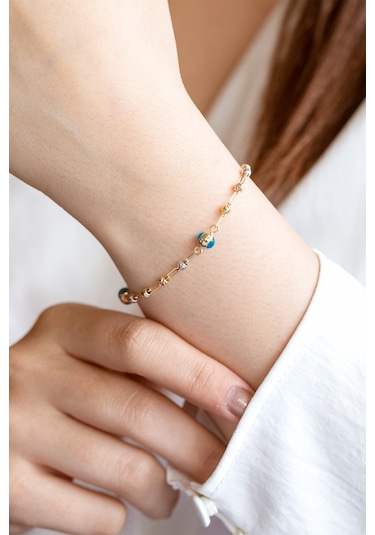 14 Ayar Altın Üç Renk Toplu Nazar Boncuk Tasarım Ataç Zincirli Sarı Altın