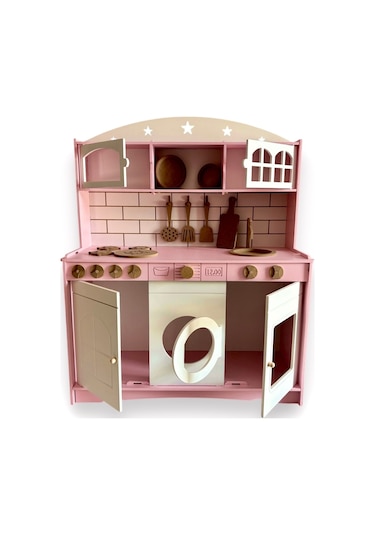 Ahşap Büyük Boy Pembe-beyaz Montessori Mutfak Oyuncak Set