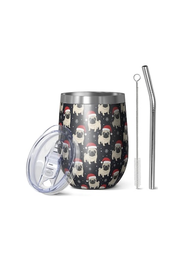 12oz Noel Desenli Seyahat Kahve Kupası, Kapaklı, Yeniden Kullanılabilir, Kadın Ve Erkek Hediyesi Noel Pug Baba Noel