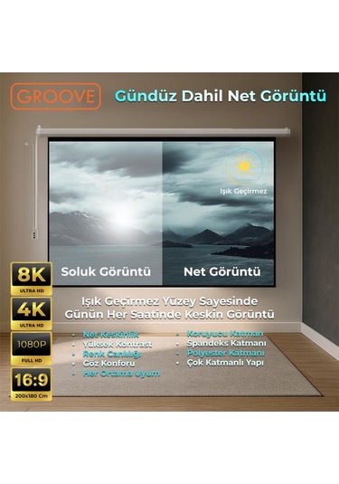 Groove Vizio Pro 200x180cm Blackout Işık Geçirmez Elektrikli Otomatik Kumandalı Projeksiyon Perdesi +motorlu+canlı Renkler+göz Koruması+leke Tutmaz Projector