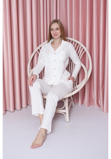 Ahengim Kadın Pijama Takımı Süprem Uzunkol İnce Çizgili Ceket Yaka Pamuklu Mevsimlik W20602299 001 Ahengim Kadın Pijama Takımı Süprem Uzunkol İnce Çizgili Ceket Yaka Pamuklu Mevsimlik W20602299 001