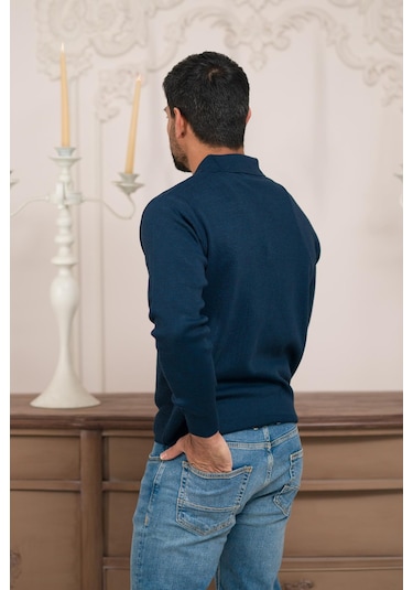 Woolen World Polo Yaka Armürlü Yünlü Erkek Triko Kazak Lacivert