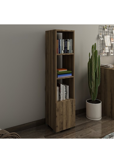 Kuzey 4 Raflı, Kapaklı Minimal Beyaz Kitaplık Antik Ceviz