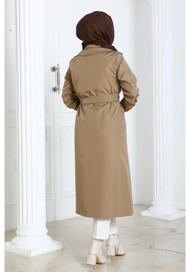 Bondit Kumaş Ribanalı Uzun Boy Trençkot / Açık Kahve - M0110 Açık Kahve Kahverengi