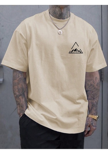 Üçgen Dağ T-shirt - Bej Baskılı Oversize Bisiklet Yaka Kısa Kol Tişört Bej