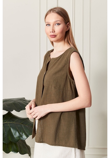 Keten Şık Farklı Tarz Nevin Bluz - Modern Ve Zarif Tasarım Haki