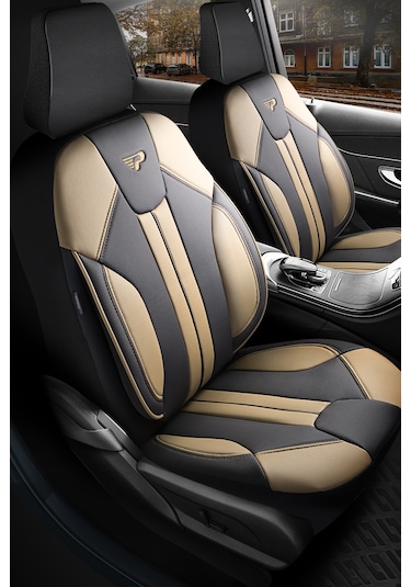 Siyah - Bej Panda Carlone Serisi Ful Deri Oto Koltuk Kılıfı - Tam Set