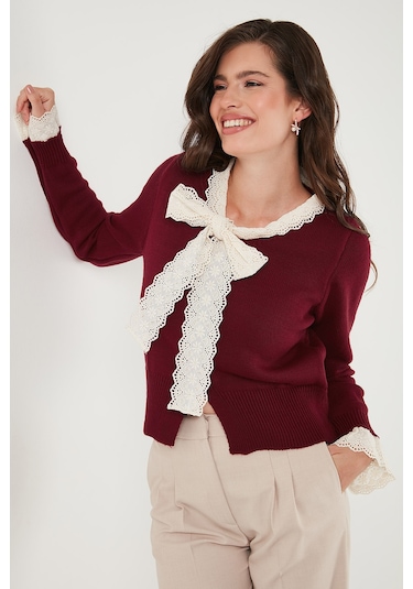 Lela Premium Dantelli Bağlamalı Yaka Regular Fit Düğmeli Triko Bayan Hırka 680Hi00251 Bordo