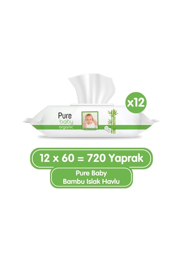 Pure Baby Organik Bambu Özlü Islak Havlu 12 x 60'lı 720 Yaprak