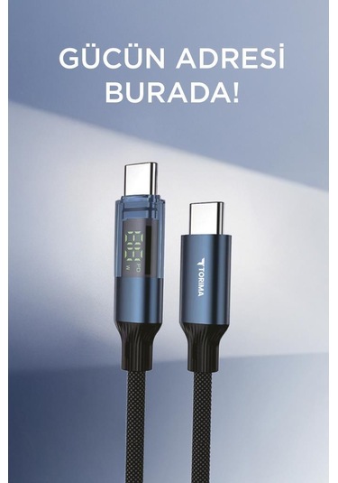 Torima U22 Type-c To Type-c 60 W  Led Ekranlı Dayanıklı Örgü Hızlı Şarj Kablosu Siyah