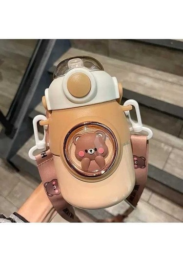 Elmpaly Çocuklar Kawaii Saman Şişe 700ml Paslanmaz Brown Çok Renkli