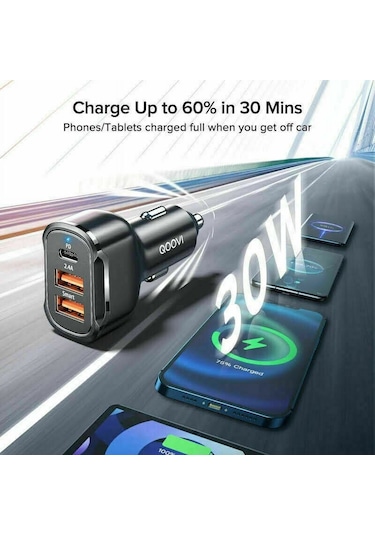 Neevoyu 30w Pd 3 Lü Usb Arabalý Þarj Cihazý - 2.4a Hýzlý Þarj, Type-c Desteði, İphone/android Uyumlu Siyah