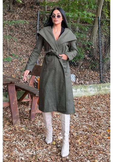 Haki Kruvaze Yaka, Kapüşonlu, Çift Cepli, Beli Kemerli, Uzun Kaşe Kaban Astarsız Haki