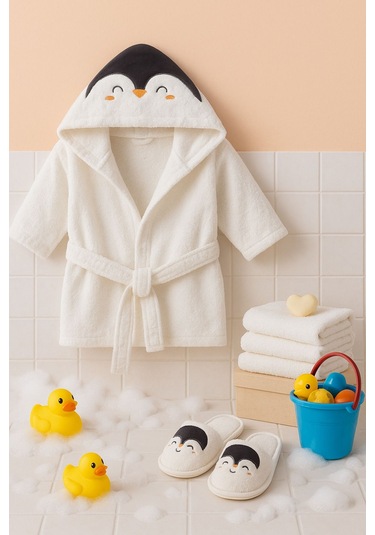 Penguen Desenli Bebek Bornoz Seti 4 Parça Krem