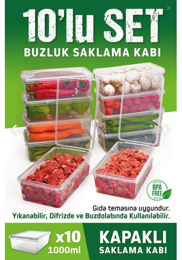 10 Adet 1 Lt. Kendinden Kapaklı Dondurucuya Uygun Saklama Kabı