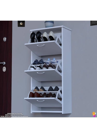 Modilayn West Asma Antre 52x116x 26 Cm Lik 3 Düşer Kapak 6 Göz Bölmeli Ayakkabılık Beyaz